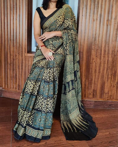 Zynah Pure Modal Silk Ajrakh Saree with Handblock Prints; Custom Stitched/Ready-made Blouse, Fall, Petticoat; Shipping available USA, Worldwide