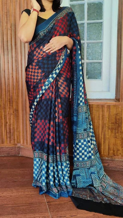 Zynah Pure Modal Silk Ajrakh Saree with Handblock Prints; Custom Stitched/Ready-made Blouse, Fall, Petticoat; Shipping available USA, Worldwide