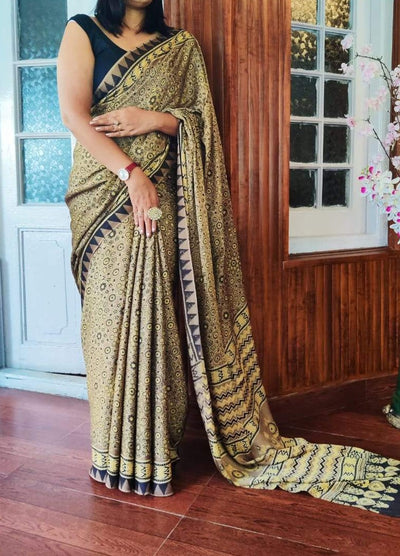 Zynah Pure Modal Silk Ajrakh Saree with Handblock Prints; Custom Stitched/Ready-made Blouse, Fall, Petticoat; Shipping available USA, Worldwide