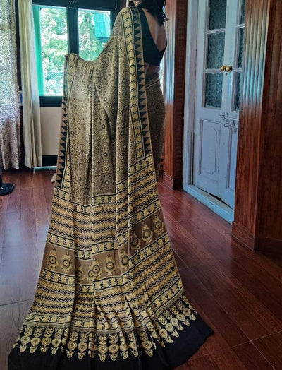 Zynah Pure Modal Silk Ajrakh Saree with Handblock Prints; Custom Stitched/Ready-made Blouse, Fall, Petticoat; Shipping available USA, Worldwide