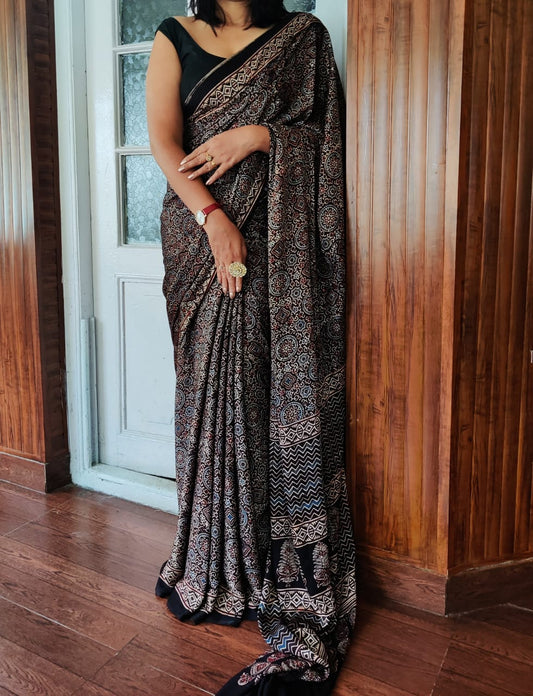 Zynah Pure Modal Silk Ajrakh Saree with Handblock Prints; Custom Stitched/Ready-made Blouse, Fall, Petticoat; Shipping available USA, Worldwide