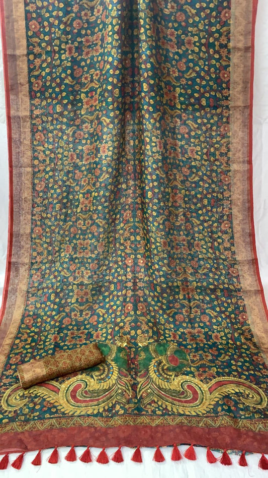 Zynah Organic Pure Linen by Linen(120c) Saree with Digital Kalamkari Prints; Custom Stitched/Ready-made Blouse, Fall, Petticoat; Shipping available USA, Worldwide