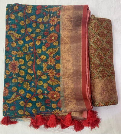 Zynah Organic Pure Linen by Linen(120c) Saree with Digital Kalamkari Prints; Custom Stitched/Ready-made Blouse, Fall, Petticoat; Shipping available USA, Worldwide