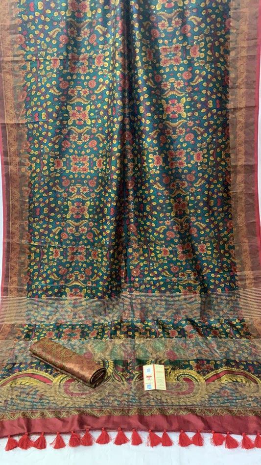 Zynah Pure Tussar Silk Saree with Digital Kalamkari Prints; Custom Stitched/Ready-made Blouse, Fall, Petticoat; Shipping available USA, Worldwide