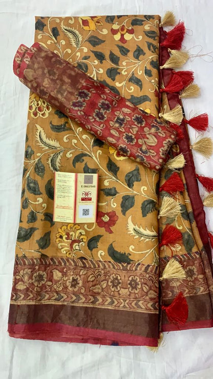 Zynah Pure Tussar Silk Saree with Digital Kalamkari Prints; Custom Stitched/Ready-made Blouse, Fall, Petticoat; Shipping available USA, Worldwide