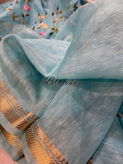Zynah Silk Linen saree with Jaal Embroidery; Custom Stitched/Ready-made Blouse, Fall, Petticoat; Shipping available USA, Worldwide