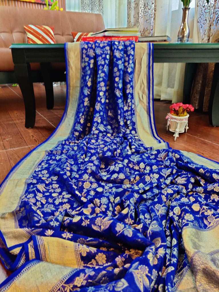 Zynah Pure Handloom Banarasi Khaddi Georgette Saree with Floral Jaal; Custom Stitched/Ready-made Blouse, Fall, Petticoat; Shipping available USA, Worldwide