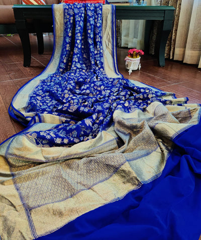 Zynah Pure Handloom Banarasi Khaddi Georgette Saree with Floral Jaal; Custom Stitched/Ready-made Blouse, Fall, Petticoat; Shipping available USA, Worldwide