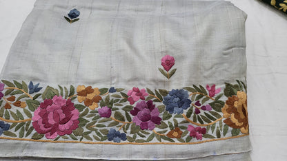 Zynah Made to Order Pure Tussar Silk Parsi Gara Embroidery Saree; Custom Stitched/Ready-made Blouse, Fall, Petticoat; Shipping available USA, Worldwide