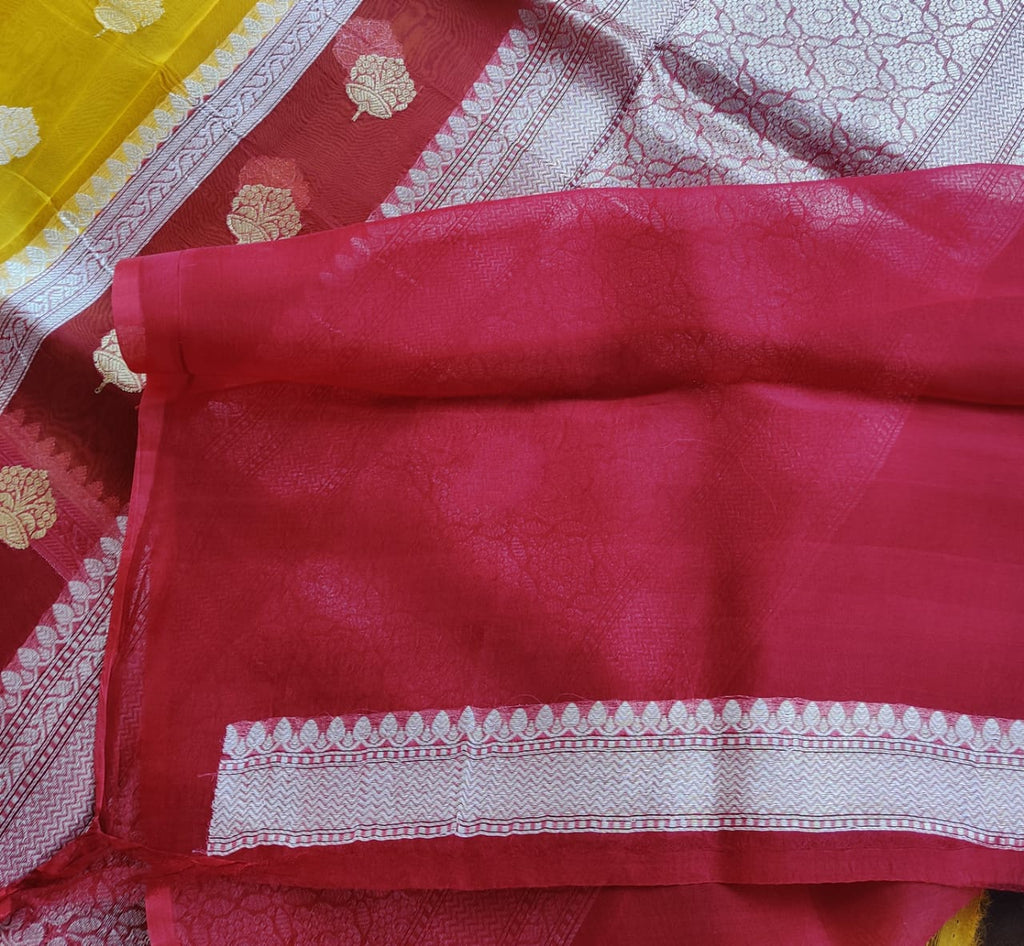 Zynah Pure Khaddi Georgette Saree with Lehanga Style Border & Silver Golden Zari Work; Custom Stitched/Ready-made Blouse, Fall, Petticoat; Shipping available USA, Worldwide