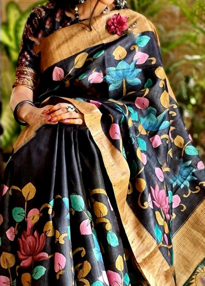Zynah Pure Tussar Silk Saree with Hand-painted Kalamkari Design; Custom Stitched/Ready-made Blouse, Fall, Petticoat; Shipping available USA, Worldwide