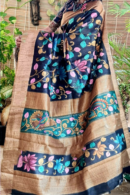 Zynah Pure Tussar Silk Saree with Hand-painted Kalamkari Design; Custom Stitched/Ready-made Blouse, Fall, Petticoat; Shipping available USA, Worldwide