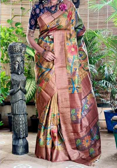 Zynah Pure Tussar Silk Saree with Hand-painted Kalamkari Design; Custom Stitched/Ready-made Blouse, Fall, Petticoat; Shipping available USA, Worldwide