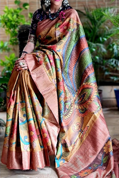 Zynah Pure Tussar Silk Saree with Hand-painted Kalamkari Design; Custom Stitched/Ready-made Blouse, Fall, Petticoat; Shipping available USA, Worldwide