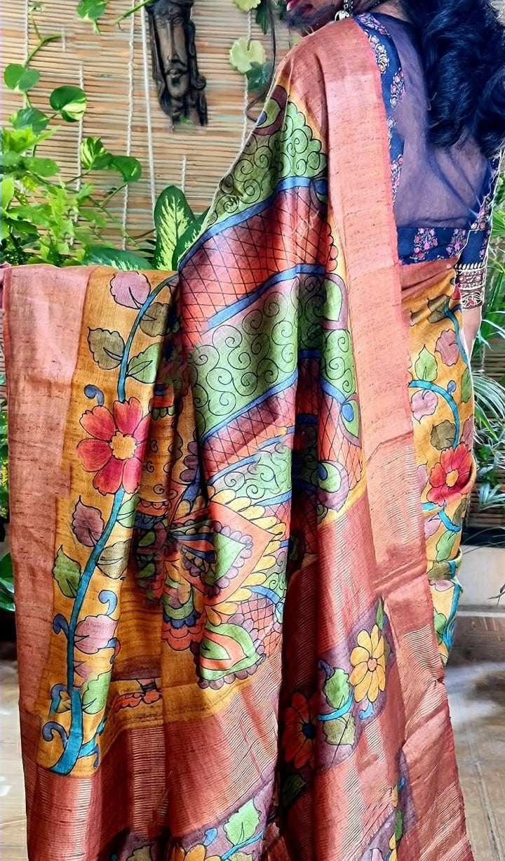 Zynah Pure Tussar Silk Saree with Hand-painted Kalamkari Design; Custom Stitched/Ready-made Blouse, Fall, Petticoat; Shipping available USA, Worldwide