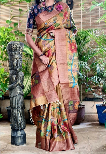 Zynah Pure Tussar Silk Saree with Hand-painted Kalamkari Design; Custom Stitched/Ready-made Blouse, Fall, Petticoat; Shipping available USA, Worldwide