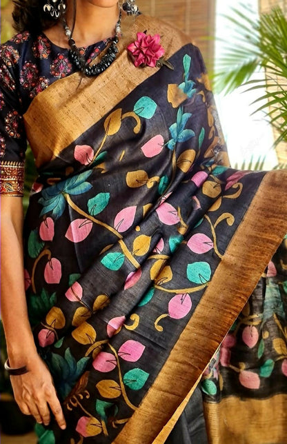 Zynah Pure Tussar Silk Saree with Hand-painted Kalamkari Design; Custom Stitched/Ready-made Blouse, Fall, Petticoat; Shipping available USA, Worldwide