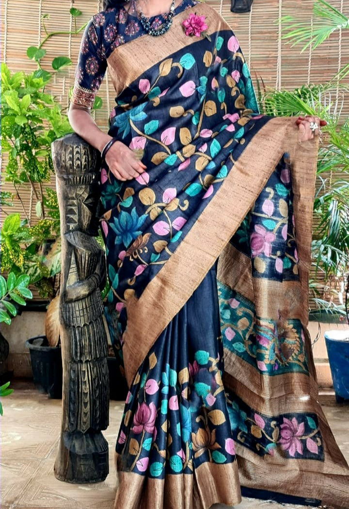 Zynah Pure Tussar Silk Saree with Hand-painted Kalamkari Design; Custom Stitched/Ready-made Blouse, Fall, Petticoat; Shipping available USA, Worldwide