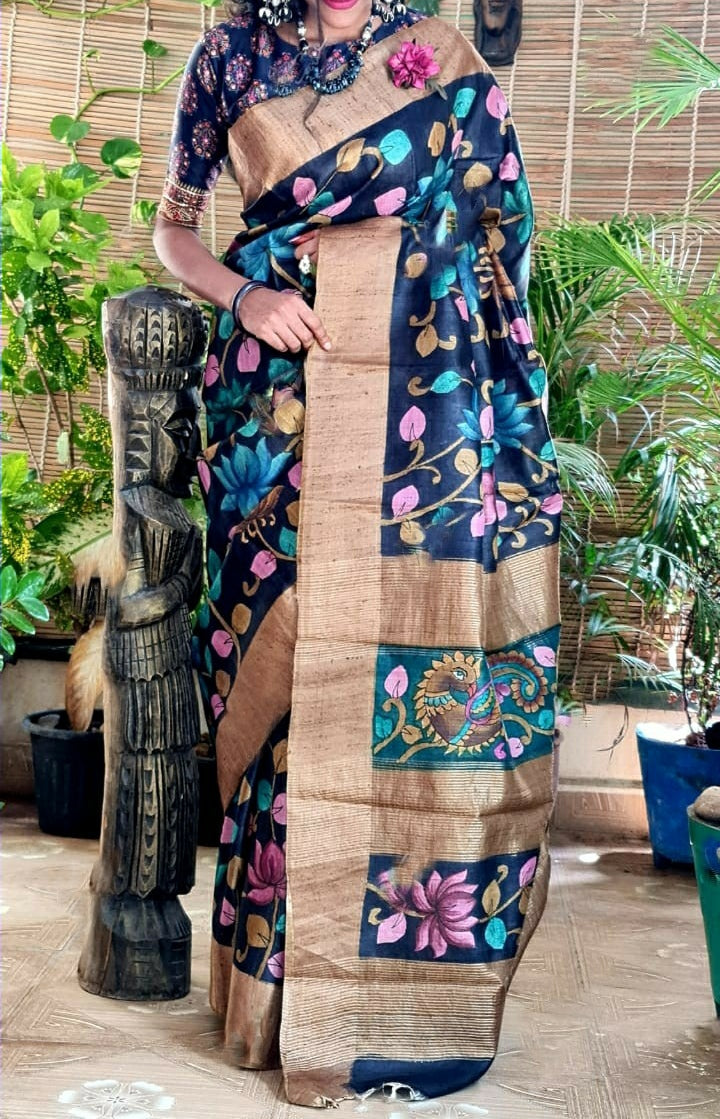 Zynah Pure Tussar Silk Saree with Hand-painted Kalamkari Design; Custom Stitched/Ready-made Blouse, Fall, Petticoat; Shipping available USA, Worldwide