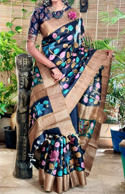 Zynah Pure Tussar Silk Saree with Hand-painted Kalamkari Design; Custom Stitched/Ready-made Blouse, Fall, Petticoat; Shipping available USA, Worldwide