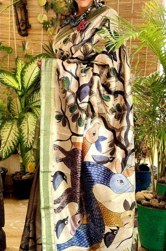 Zynah Pure Tussar Silk Saree with Hand-painted Kalamkari Design; Custom Stitched/Ready-made Blouse, Fall, Petticoat; Shipping available USA, Worldwide