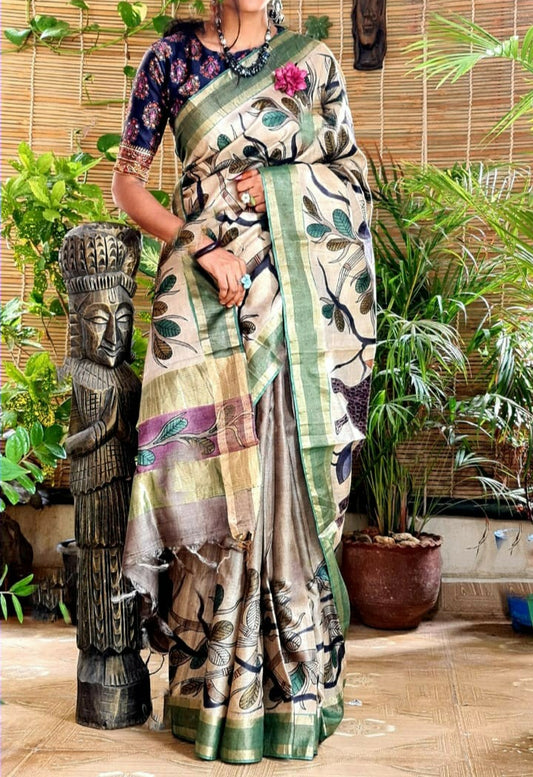 Zynah Pure Tussar Silk Saree with Hand-painted Kalamkari Design; Custom Stitched/Ready-made Blouse, Fall, Petticoat; Shipping available USA, Worldwide