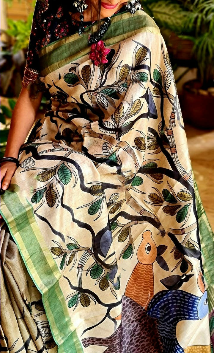 Zynah Pure Tussar Silk Saree with Hand-painted Kalamkari Design; Custom Stitched/Ready-made Blouse, Fall, Petticoat; Shipping available USA, Worldwide