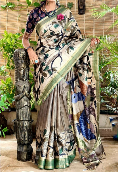 Zynah Pure Tussar Silk Saree with Hand-painted Kalamkari Design; Custom Stitched/Ready-made Blouse, Fall, Petticoat; Shipping available USA, Worldwide