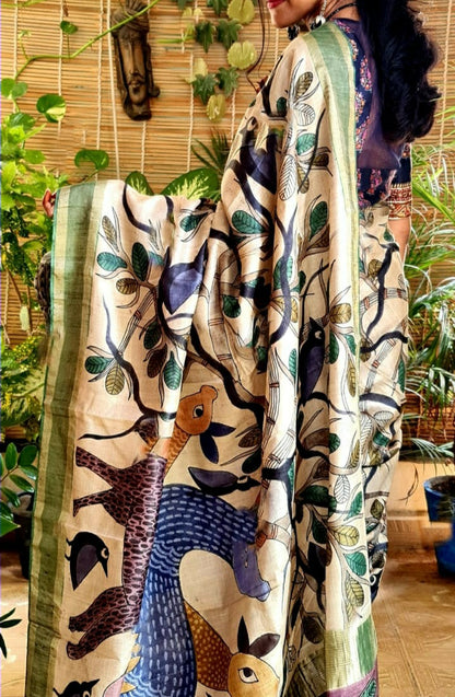 Zynah Pure Tussar Silk Saree with Hand-painted Kalamkari Design; Custom Stitched/Ready-made Blouse, Fall, Petticoat; Shipping available USA, Worldwide