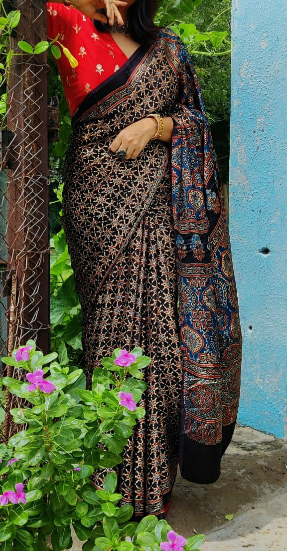 Zynah Pure Modal Silk Ajrakh Saree with Handblock Prints; Custom Stitched/Ready-made Blouse, Fall, Petticoat; Shipping available USA, Worldwide