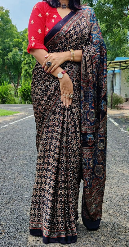Zynah Pure Modal Silk Ajrakh Saree with Handblock Prints; Custom Stitched/Ready-made Blouse, Fall, Petticoat; Shipping available USA, Worldwide