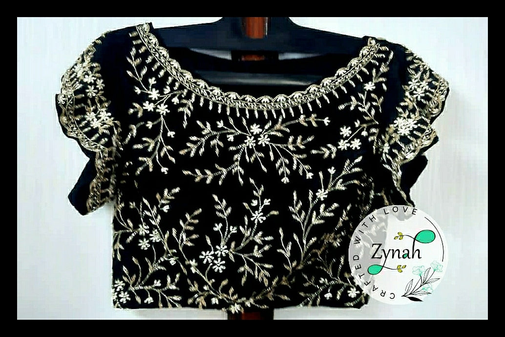 Zynah Pure Crepe Silk Saree with Beads, Pearl, Cut-dana Hand-work; Custom Stitched/Ready-made Blouse, Fall, Petticoat; Shipping available USA, Worldwide