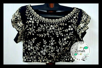 Zynah Pure Crepe Silk Saree with Beads, Pearl, Cut-dana Hand-work; Custom Stitched/Ready-made Blouse, Fall, Petticoat; Shipping available USA, Worldwide