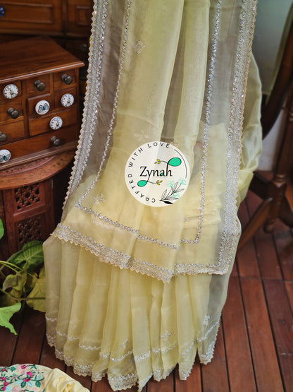Zynah Yellow Color Pure Organza Silk Saree with Sequence, Pearls & Cut-dana Work; Custom Stitched/Ready-made Blouse, Fall, Petticoat; Shipping available USA, Worldwide