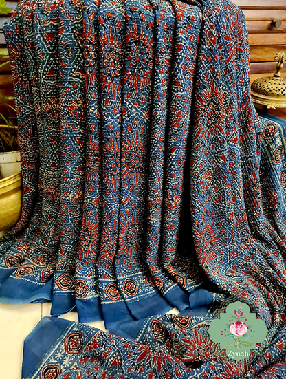 Zynah Indigo Pure Georgette Sequence Work Saree with Ajrakh Handblock Prints; Custom Stitched/Ready-made Blouse, Fall, Petticoat; SKU: xyz-0301202303
