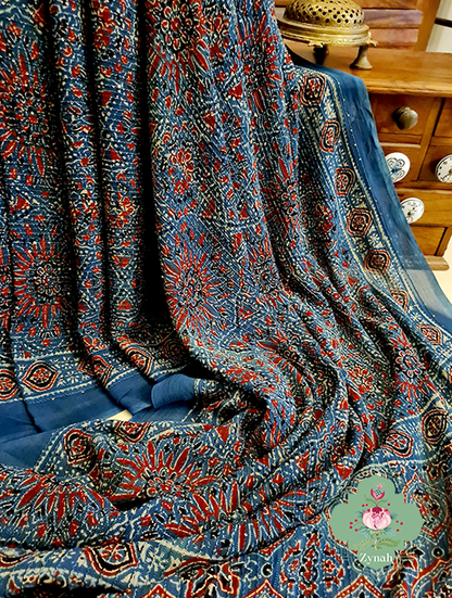Zynah Indigo Pure Georgette Sequence Work Saree with Ajrakh Handblock Prints; Custom Stitched/Ready-made Blouse, Fall, Petticoat; SKU: xyz-0301202303