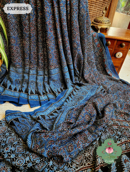 Zynah Indigo Pure Georgette Silk Ajrakh Saree With Sequin Work; Custom Stitched/Ready-made Blouse, Fall, Petticoat; SKU: 2102202302