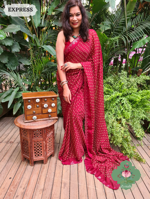 Zynah Maroon Wrinkle Crepe Silk Saree with Bandhani Inspired Prints & Mirror Work Scalloped Borders; Custom Stitched/Ready-made Blouse, Fall, Petticoat; SKU: 0202202303