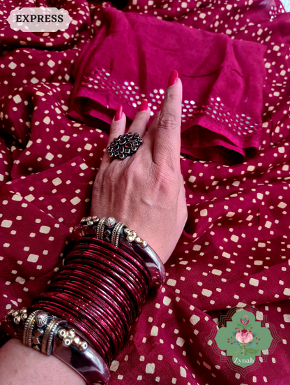 Zynah Maroon Wrinkle Crepe Silk Saree with Bandhani Inspired Prints & Mirror Work Scalloped Borders; Custom Stitched/Ready-made Blouse, Fall, Petticoat; SKU: 0202202303