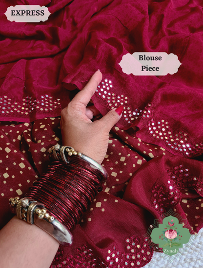 Zynah Maroon Wrinkle Crepe Silk Saree with Bandhani Inspired Prints & Mirror Work Scalloped Borders; Custom Stitched/Ready-made Blouse, Fall, Petticoat; SKU: 0202202303