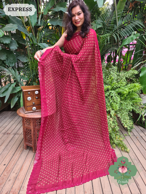 Zynah Maroon Wrinkle Crepe Silk Saree with Bandhani Inspired Prints & Mirror Work Scalloped Borders; Custom Stitched/Ready-made Blouse, Fall, Petticoat; SKU: 0202202303