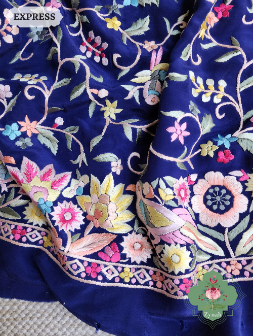 Zynah Navy Blue Pure Crepe Silk Hand Embroidered Parsi Gara Saree, Authentic Vintage Art, Heirloom Piece; Custom Stitched/Ready-made Blouse, Fall, Petticoat; SKU: 2302202305