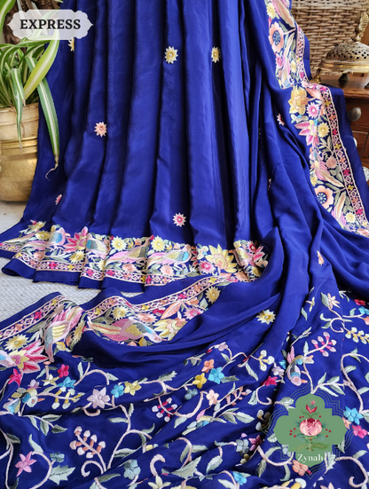 Zynah Navy Blue Pure Crepe Silk Hand Embroidered Parsi Gara Saree, Authentic Vintage Art, Heirloom Piece; Custom Stitched/Ready-made Blouse, Fall, Petticoat; SKU: 2302202305