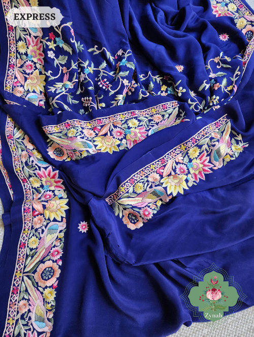 Zynah Navy Blue Pure Crepe Silk Hand Embroidered Parsi Gara Saree, Authentic Vintage Art, Heirloom Piece; Custom Stitched/Ready-made Blouse, Fall, Petticoat; SKU: 2302202305