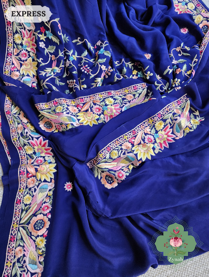 Zynah Navy Blue Pure Crepe Silk Hand Embroidered Parsi Gara Saree, Authentic Vintage Art, Heirloom Piece; Custom Stitched/Ready-made Blouse, Fall, Petticoat; SKU: 2302202305