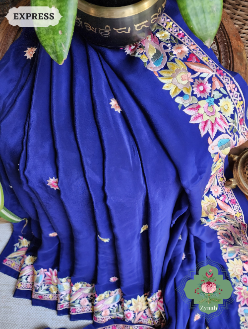 Zynah Navy Blue Pure Crepe Silk Hand Embroidered Parsi Gara Saree, Authentic Vintage Art, Heirloom Piece; Custom Stitched/Ready-made Blouse, Fall, Petticoat; SKU: 2302202305
