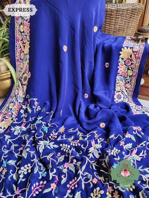 Zynah Navy Blue Pure Crepe Silk Hand Embroidered Parsi Gara Saree, Authentic Vintage Art, Heirloom Piece; Custom Stitched/Ready-made Blouse, Fall, Petticoat; SKU: 2302202305
