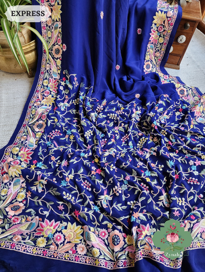 Zynah Navy Blue Pure Crepe Silk Hand Embroidered Parsi Gara Saree, Authentic Vintage Art, Heirloom Piece; Custom Stitched/Ready-made Blouse, Fall, Petticoat; SKU: 2302202305