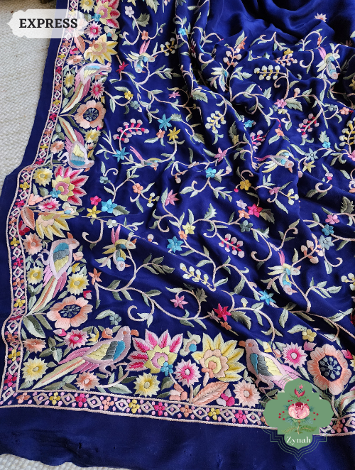 Zynah Navy Blue Pure Crepe Silk Hand Embroidered Parsi Gara Saree, Authentic Vintage Art, Heirloom Piece; Custom Stitched/Ready-made Blouse, Fall, Petticoat; SKU: 2302202305