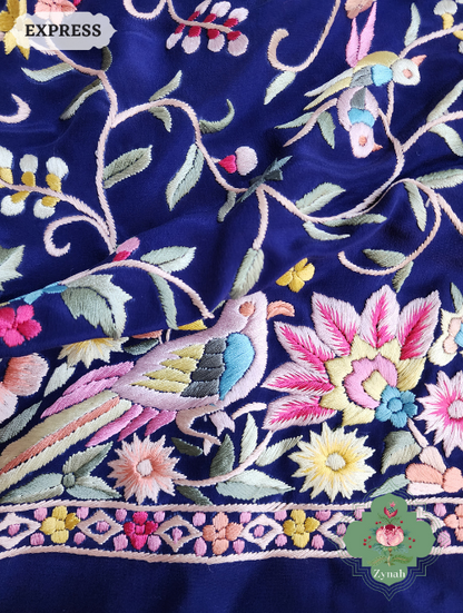Zynah Navy Blue Pure Crepe Silk Hand Embroidered Parsi Gara Saree, Authentic Vintage Art, Heirloom Piece; Custom Stitched/Ready-made Blouse, Fall, Petticoat; SKU: 2302202305